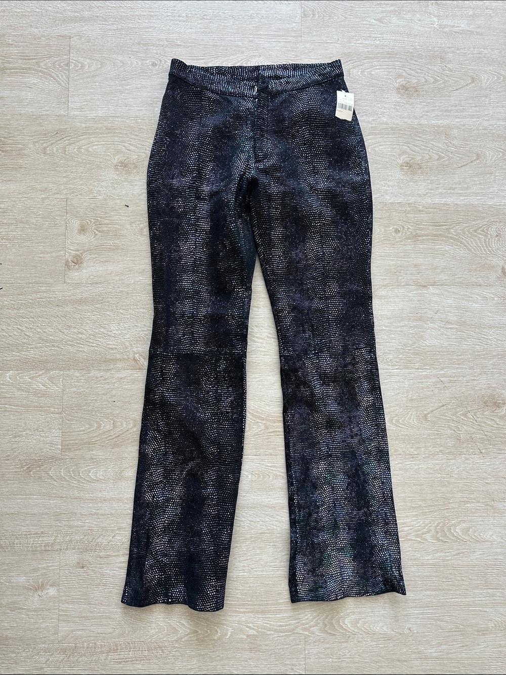 WILSON LEATHER Metallic Rainbow Snakeskinlike Real Leather Black Flare Pants